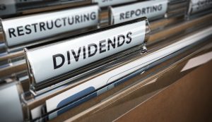 File tab with focus on the word dividends. Conceptual image for illustration of company restructuring plan and dividend.