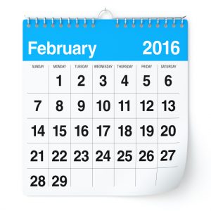 February 2016 - Calendar. Isolated on White, Background. 3D Rendering